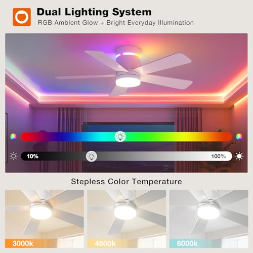 Image of addlon RGB Ceiling Fans with Light, 42'' Low Profile Flush Mount Small Ceiling Fan, Remote Control /APP Control, Reversible, Sleek Modern Fan for Bedroom, Living Room, Kids Room, Indoor /Outdoor, White