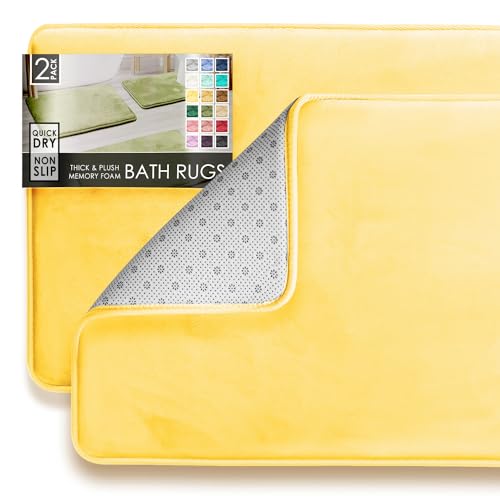 Clara Clark 2 Piece Bathroom Rugs Bath Mat Set, Velvet Memory Foam Bath Mats for Bathroom - Non-Slip, PVC Backing Bath Rugs, Washable - Dries Quickly, Yellow