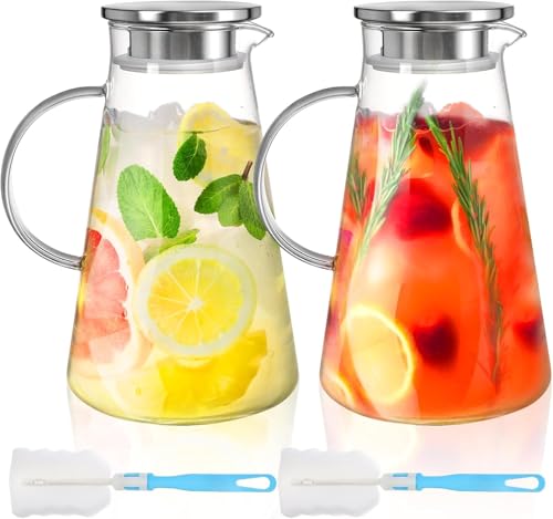 WUWEOT 2 Pack 2 Liter Glass Pitcher with Lid BPA-Free Glass Water Jug Carafe Heat Resistant Ice Tea Pitcher for Juice Sangria Lemonade Milk Coffee Cold and Hot Beverages