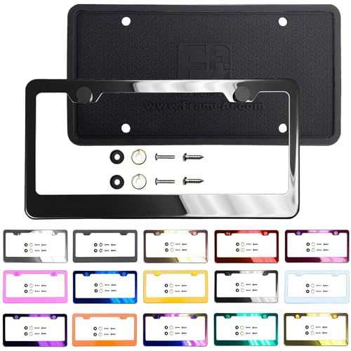 T304 Stainless Steel License Plate Frame Black Chrome Gun Metal Gray Electroplating Universal Fit Aluminum Screw On Cap Cover, Rust Proof Stainless Steel Screws Silicone Back Guard (Qty: 1 Frame)