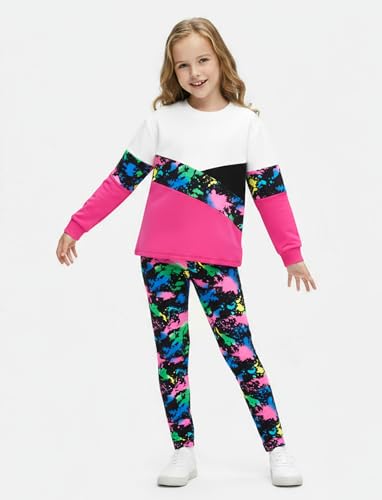 Image of PATPAT Girls 2 Piece Outfits Size 12-13 Years, Tie Dye Color Block Sweatshirts and Leggings Clothing Sets Sweatsuit Fall Outfits Joggers Lounge Set Tracksuit Preppy Clothes for Girls
