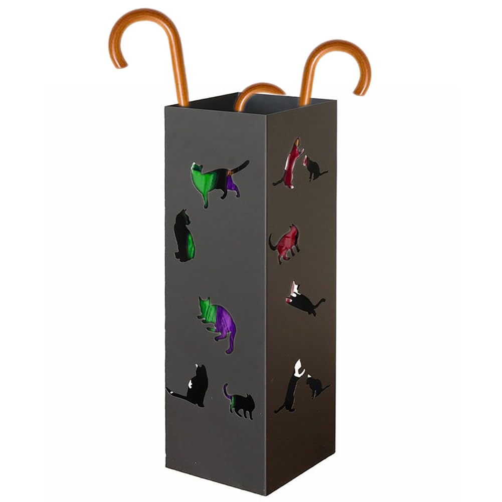 BAKAJI Portaombrelli da Ingresso in Metallo 15.5 x 15.5 x 49 cm, Forma Quadrata, Design Gatti, Porta Ombrello Decorativo Elegante e Salvaspazio, Ideale per Organizzare Ombrelli (Nero)