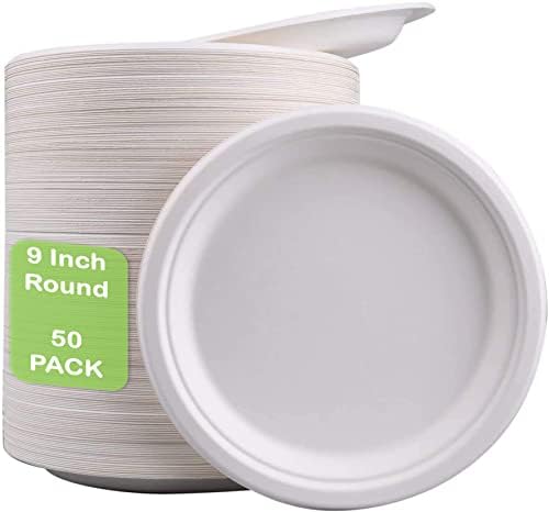Pack of 50 Large Premium Quality Strong Plates Super Rigid Bagasse Plates Biodegradable & Compostable ECO Friendly Dinner Party Plates 9 inch Perfect for Everyday USE Party Picnic BBQ Work (50)
