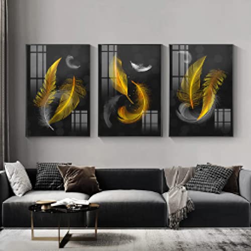 Affiche plume or art abstrait KEBIA - Lot de 3 toiles de décoration murale 30x45cm - 3