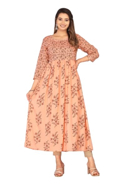 Women's Rayon Floral Printed Anarkali Kurti | Peach Ethnic Wear with 3/4th Sleeves & Round Neck | Flared Festive & Casual Kurti-image-21