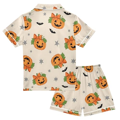 Satin Pajama Sets Short Sleeve Pumpkin Pattern with Bats Stars Button Down Silky Nightwear 2 Piece PJS 5-14Y2