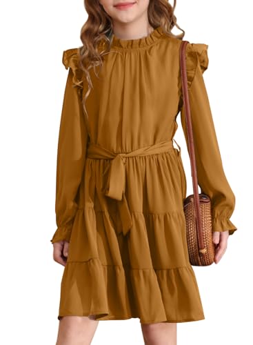 blibean Girls Long Sleeve Fall Dresses Tween Casual Ruffled Swing Formal Dressses Belt Size 6-15 Years2
