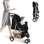 Hundebuggy, Faltbar klappbar Hundewagen bis 15 kg, Transporttasche Hunde Buggy Katzenwagen, Pet Stroller mit 3 Netzfenstern, Regenschutzabdeckung, Aufbewahrungskorb und Getränkehalter Schwarz