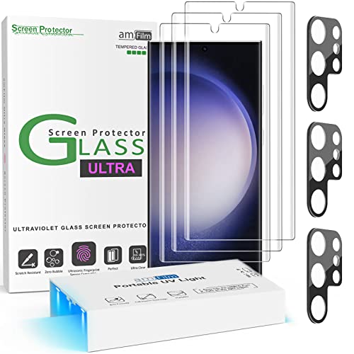 amFilm [3+3 Pack 3D Curved Tempered Glass for S23 Ultra Screen Protector Samsung Galaxy 6.8 Inch with Liquid Dispersion Tech Designed for Fingerprint Reader Upgraded Easier Application Tray.