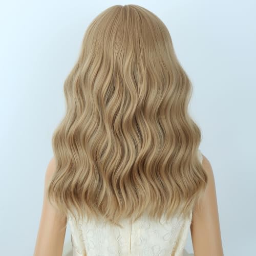 Image of Ash Blonde Wig Short Blonde Wavy Curly Wigs Wig with Air Bangs Synthetic Cosplay Hair Wigs