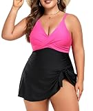 MFAVIP Women Plus Size Swim Dress Tummy Control One Piece Swimsuit V Neck Wrap Full Coverage Bathing Suit Cute Tie Knot