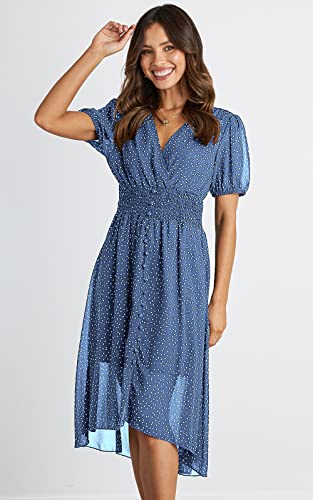 Prettygarden Summer Floral Midi Dress Long Puff Sleeve Casual Swing Sun Dress Floral Boho Hawaiian Flowy Long Dress Chiffon Polka Dot Womens Casual Dress Summer (Dark Blue, Large) #TOP5