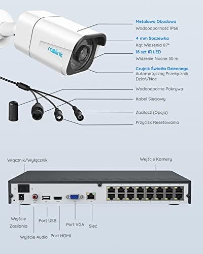 Reolink System kamer monitoringu 4K PoE CCTV Ultra HD, inteligentne wykrywanie osób/pojazdów, 8X kamery IP 8MP PoE, NVR 16 kanałów 4TB HDD do ciągłego nagrywania, noktowizja, RLK16-800B8-A