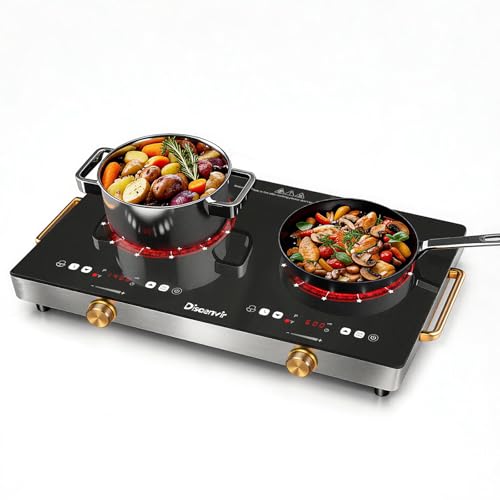 Image of 2 Burner Electric Cooktop 110V - 24 Inch(22.2 inchx 13.07 inch) Countertop Electric Stove with Handles 2000W, Two Burner Ceramic Burner with Touch and Knob Control, Timer, Safety Lock, 120V Plug in