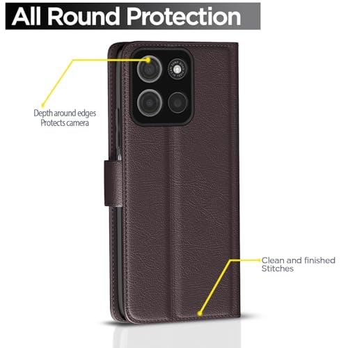 Image of Pikkme Flip Cover Leather Finish | Inside TPU with Card Pockets | Wallet Stand and Shock Proof | Complete Protection Button Flip Case for Moto G15(Coffee)