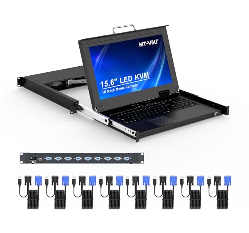 15.6" LCD KVM Console 8 Port VGA, MT-VIKI 8x1 USB VGA KVM Switch Drawer Rackmount For 1U 19" Rack + 8-pack KVM Cables + UK Power Supply
