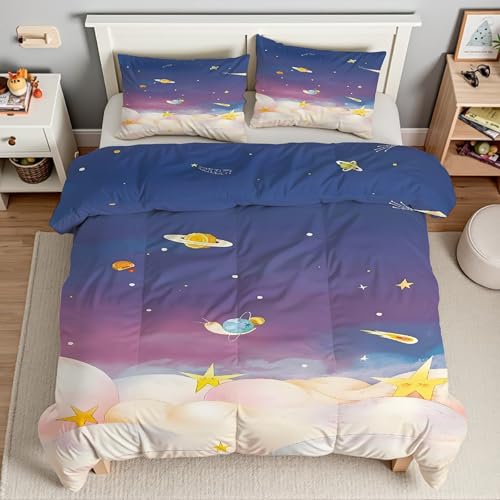 紫の星空 布団カバー セミダブル、マイクロファイバー掛け布団カバー3点セット、黄色の星 寝具、 柔らかい 通気性、肌に優しい 、洗い替え四季通用 洋式・和式兼用 。(170x210cm+2 枕カバー 43x63 cm)