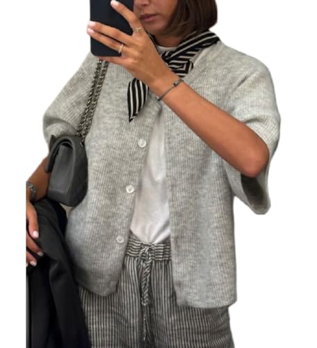 Women Knit Crop Cardigan Y2k Short Sleeve Knitted Shirts Open Front Button Down Sweater Cute Fall Cardigans 2024