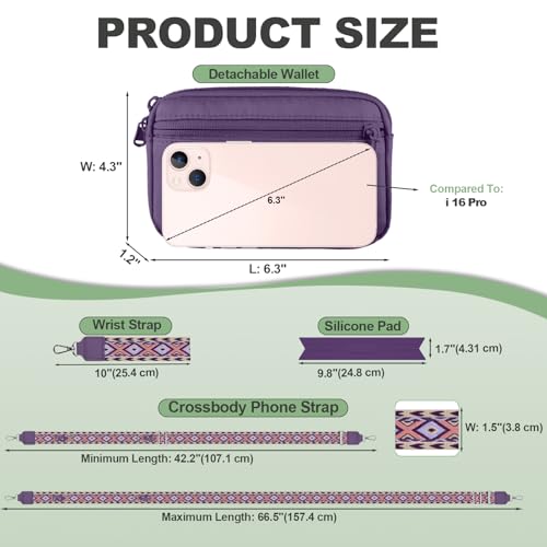 Image of YFWE Clip and Go Strap for Phone with Wallet Crossbody, Adjustable Phone Lanyard with Detachable RFID Wristlet Wallet, Pattern Strap, Dark Purple(M)