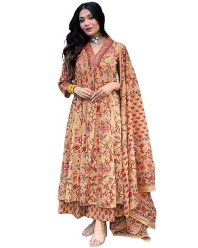 Image of GoSriKi Women's Rayon Viscose Anarkali Printed Kurta with Palazzo & Dupatta