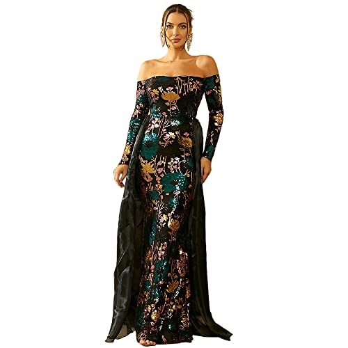 Amazon.com: Miss ord Women's Off Shoulder Floral Sequin Tulle Drape Maxi  Dress, Bodycon Long Sleeve Mermaid Ball Gown Black : Clothing, Shoes &  Jewelry