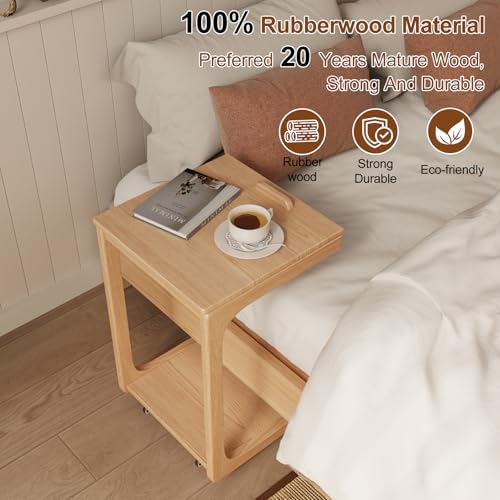 C Shaped Table for Couch, C Table with Wheels,Wooden Couch Table Adjustable Desktop for Living Room,Bedroom - Natural Color