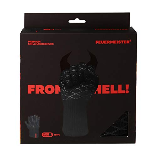 Feuermeister Premium BBQ Grillhandschuh in Größe 12/1 Paar / EN407 Zertifiziert/bis 500°C hitzebeständig/aus hochwertiger Aramid/Nomex Faser/extra lang zum Backen, Kochen, Grillen (12)