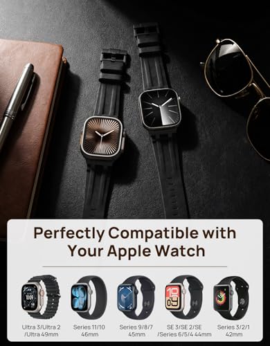 Moko Cinturino In Pelle Per Apple Watch, Compatibile Con Iwatch 49Mm 46Mm 45Mm 44Mm 42Mm, Cinturino Con Connettore In Metallo Per Ultra 3/2/1, Se 3/2/1, Series 11/10/9/8/7/6/5/4/3/2/1, Nero/Nero - 2