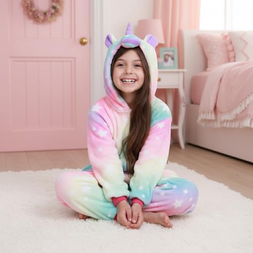 Image of SNOWIE SOFT Unicorn Pajama Wearable Blankets for Winter for Girls, Cute Fashion Flannel Soft Blanket Plush Hoodie Pajama Onesie Party Cosplay Christmas Halloween Costume for Kids