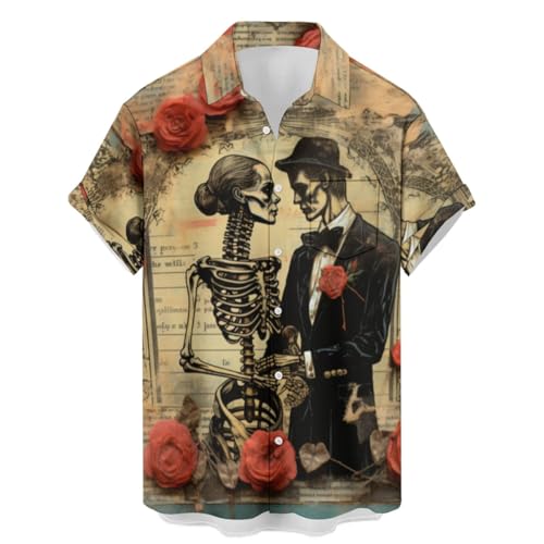 wihnsinop Mens Halloween Skeleton Rose Couple Valentine's Day Bowling Shirts Holiday Theme Shirt Button Down Shirts