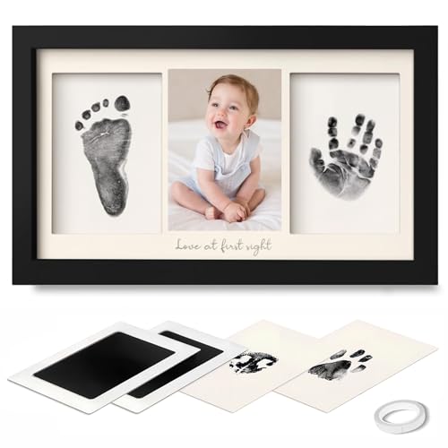 Image of Baby Handprint and Footprint Photo Frame Kit for Newborn Girls and Boys, Memorable Keepsake with Clean-Touch Ink Pad Baby Shower Unique Gift, Pet Paw Print Kit (Black)
