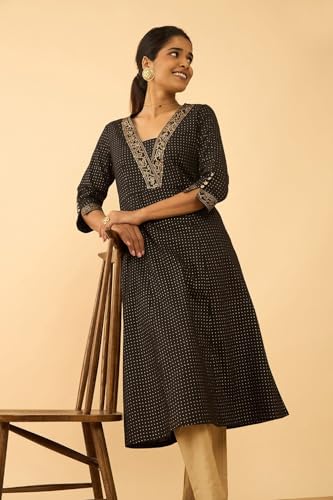Image of Taneira Women Cotton Printed Black Kurta for Women (KUAI81BKL-Black-L)