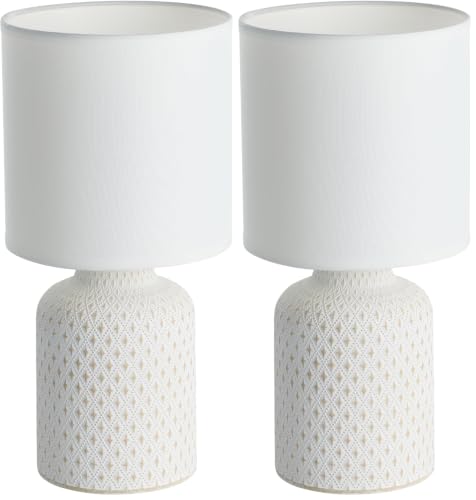 Eglo Bellariva Lámpara de mesa, lámpara de mesilla de noche de cerámica en color crema, textil en blanco, lámpara de salón con interruptor, casquillo E14 (Paquete de 2)