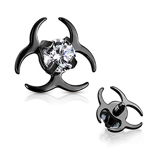 Covet Jewelry Clear CZ Centered Biohazard Symbol Internally Threaded 316L Surgical Steel Dermal Top2