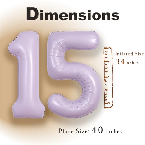 Image of SUWEN 40 Inch Light Purple Large 15 Balloon Number Big Foil Helium Lavender Number Balloons Huge Mylar 0-9 Giant Jumbo Happy 15th Birthday Party Anniversary Decorations