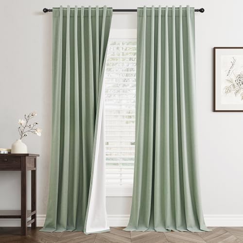Jowels Light Sage Green Linen Blackout Curtains 90 Inches Long for Bedroom