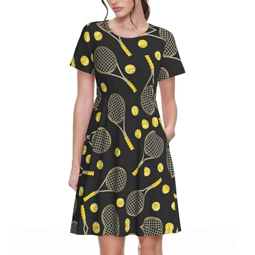 EWQrtyy Divertidas raquetas de tenis y pelotas de tenis, cómodo vestido de manga corta para mujer con bolsillos, falda acampanada fluida de verano, cintura elástica, conjunto para mujer, Negro, L