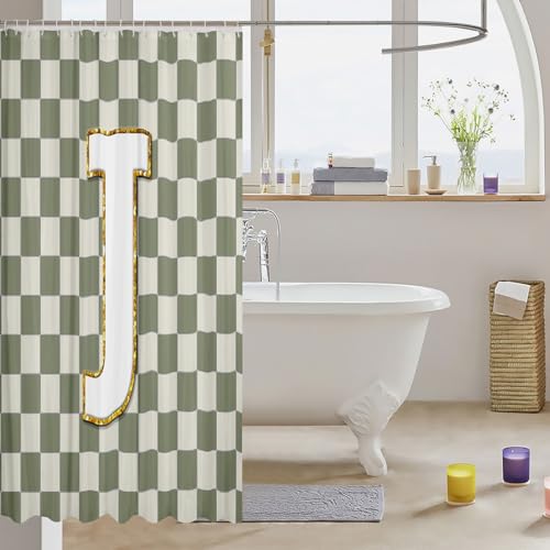 Image of Erosebridal Sage Green Checkered Bathroom Accessories Plaid Initial J Shower Curtain Personalized Monogram Bathroom Curtain for Kids Adults 72 inch Wx72 L Fashion Grids Gingham Shower Decor