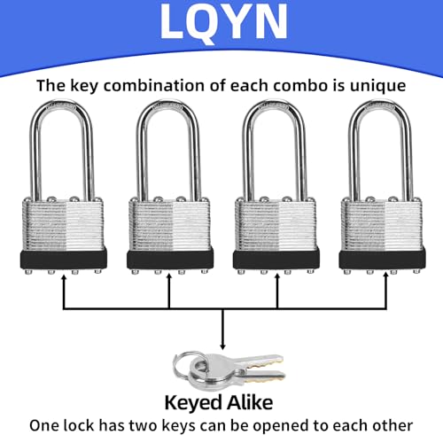 Image of Padlocks with Same Key, LQYN 100 Pcs Laminated Keyed Padlock (1-9 /16 inch, 40mm), Keyed Alike Locks, Long Shackle, for Storage Locker, Hasp Latch, Toolbox, Sheds