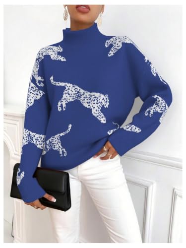 Image of WDIRARA Women's Leopard Tiger Print Sweater High Neck Long Sleeve Fuzzy Knitted Pullover Top