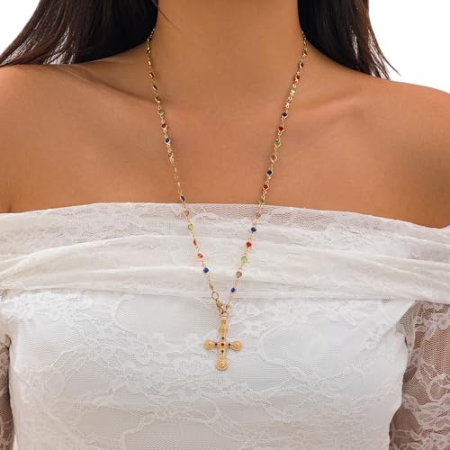 Colorful Bead Long Chest Chain Necklace Wedding Bridal Rhinestone Cross Pendant Back Chain Jewelry Crystal Y Choker Necklace for Women3