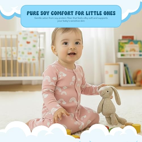 Image of Babysoy Baby Long Sleeve Gown Sleep Sack | Made with Organic Cotton & Azlon from Soy | Ultra Soft Nightgown for Easy Diaper Changes | Modern Prints, Reversible Mittens (3-6 Months,Rainbow Peony)