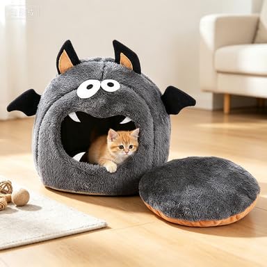 10 Inch Halloween Bat Themed Small Cozy Round Pet Bed for Puppy Kittens (Grey) - image 6