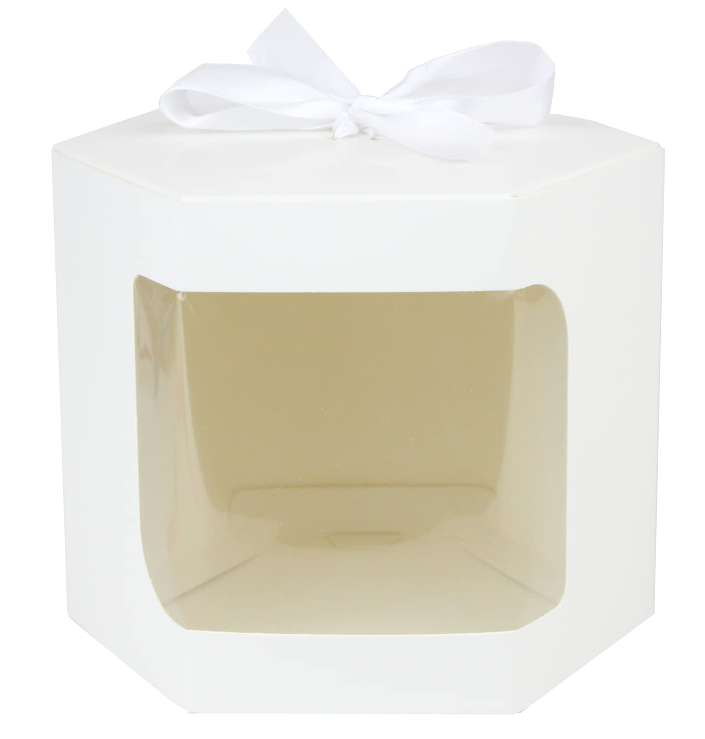 Emartbuy Strong Paper Stand Up Hexagon Gift Bag, 13 cm x 13 cm x 14 cm, White Kraft Bag Cupcakes Cookies Muffin Pie Box with Clear Window and White Ribbon - Pack of 96