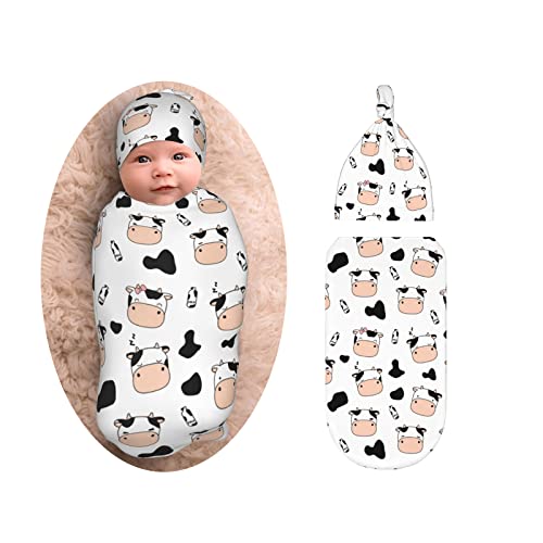 Image of Cute Cow Baby Stuff Swaddle Blanket and Hat Set Boy Girl, Soft Newborns Stretchy Baby Receiving Blanket Sleep Sack for Infants Shower