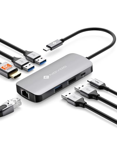 NOVOO 7 en 1 Hub USB C, adaptador multipuerto con HDMI 4K, Ethernet RJ45, 3 puertos USB 3.0 y USB 2.0, tipo C 100 W PD, estación de acoplamiento compatible con MacBook Pro/Air, Surface, iPad, Dell, HP