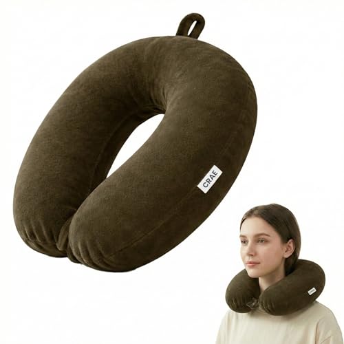Image of CRAE Travel Neck Pillow for Men & Women | Soft Fibre Cushion for Flight, Car & Train | Soft Velvet Fabric with Attachable Snap Strap | Cervical Support for Neck Pain Relief.Pack of 1(Brown)