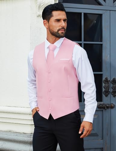 YOHOWA Men's Formal Suit Vest and Tie Set Business Casual Waistcoat Solid Colors Wedding Western Tuxedo Vest V-Neck3