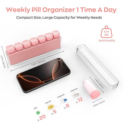 Image of HIONXMGA Color-Coded Weekly Pill Organizer Once Daily, Detachable 7 Day Travel Pill Box with Upgraded Sealing Lids, Large Portable Pill Case for Medication, Vitamins, Supplements & Fish Oils, Pink