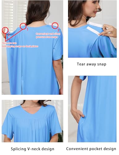 Image of Hospital Gowns for Women Open Back Tear Away Snap Post shoulder Dress Short Sleeve Soft Adaptive Clothing with Pockets